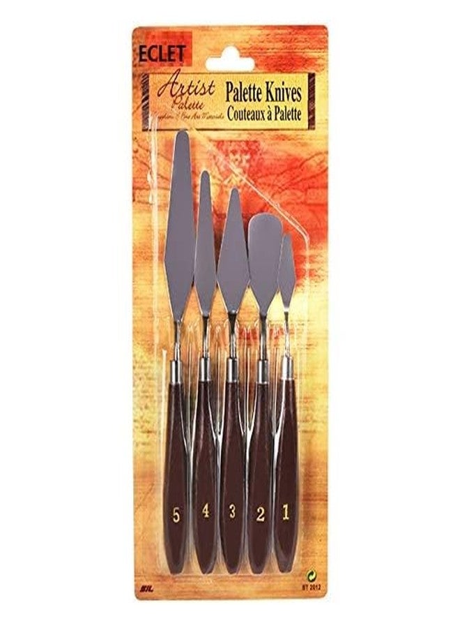 ECLET سكاكين الرسم من إيكليت باليت - مجموعة من 5 قطع بأحجام وأشكال متنوعة، ملعقة كاشطة من الفولاذ المقاوم للصدأ بمقبض بني مصقول لخلط ألوان الرسم الزيتي على قماش الفنان (أ) - Image 1